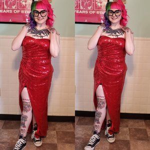 Blush Prom Y2K Red Sequin Strapless Bodycon Side Slit Maxi Dress Jessica Rabbit